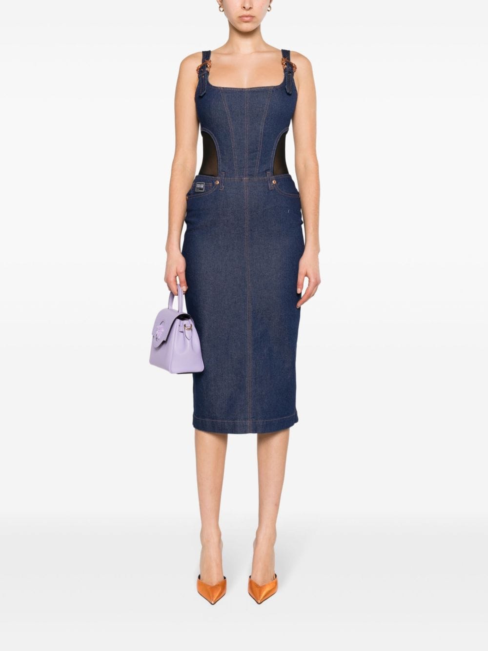 Shop Versace Jeans Couture Buckle-straps Denim Midi Dress In Blue