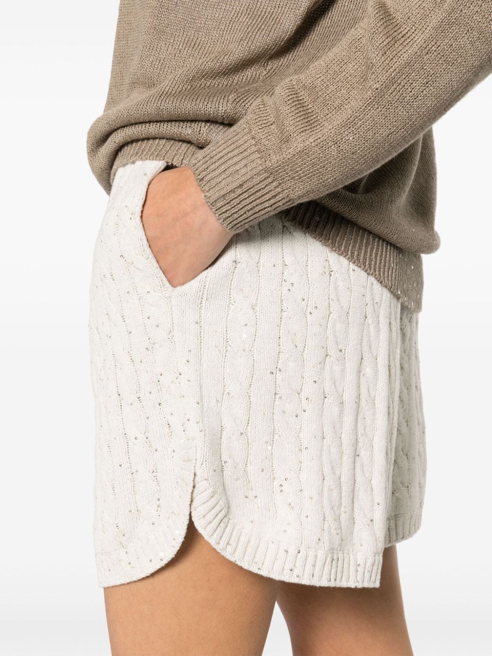 Shop Brunello Cucinelli Sequin-embellished Cable-knit Shorts In Neutrals