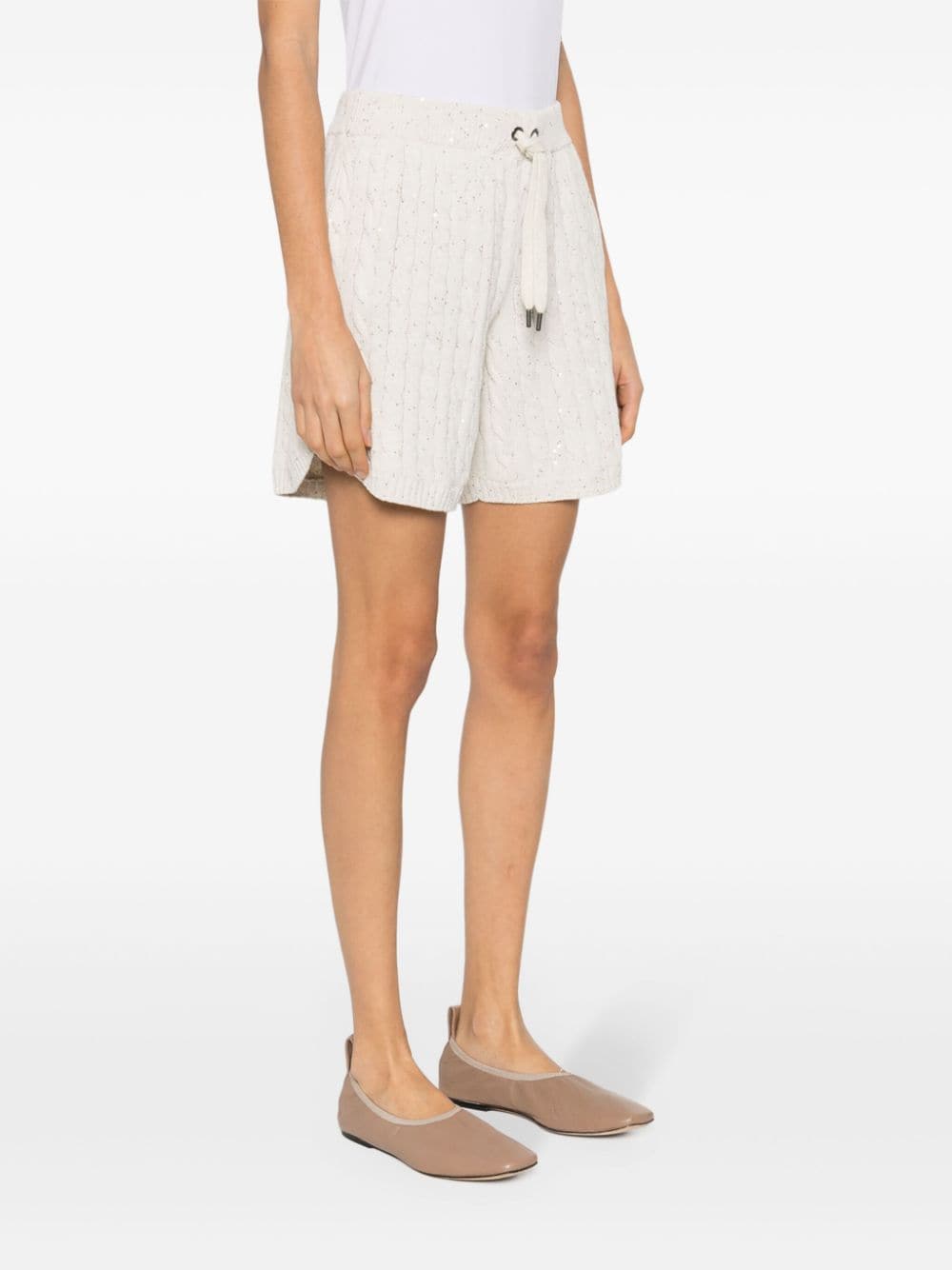 Shop Brunello Cucinelli Sequin-embellished Cable-knit Shorts In Neutrals