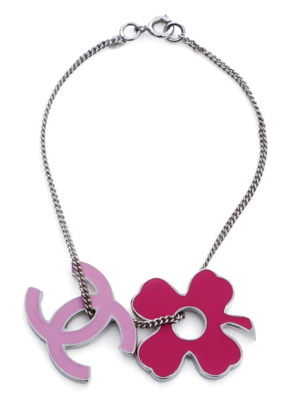Pre-owned Chanel 2004 Cc Clover Charm Necklace In Silver