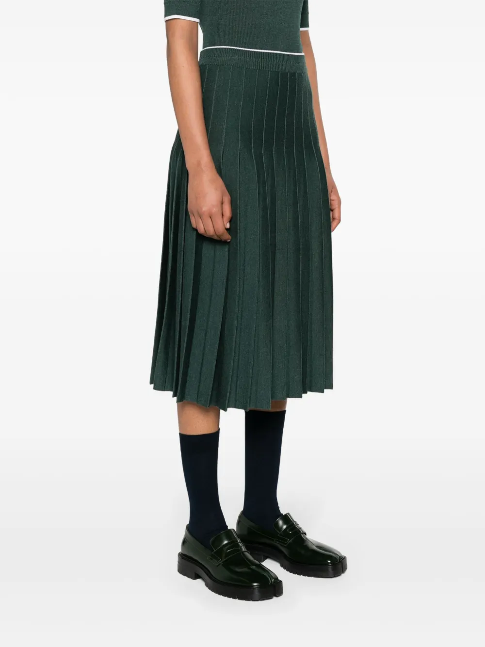 Shop Thom Browne Pleated Knitted Midi Skirt In Green