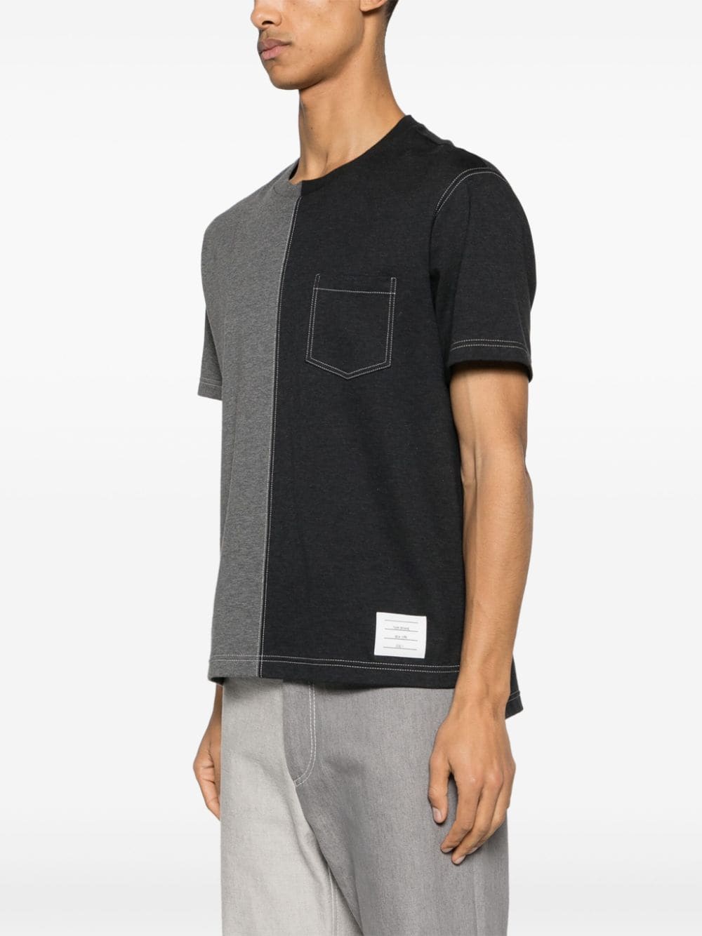 Shop Thom Browne Two-tone Cotton T-shirt In Grey