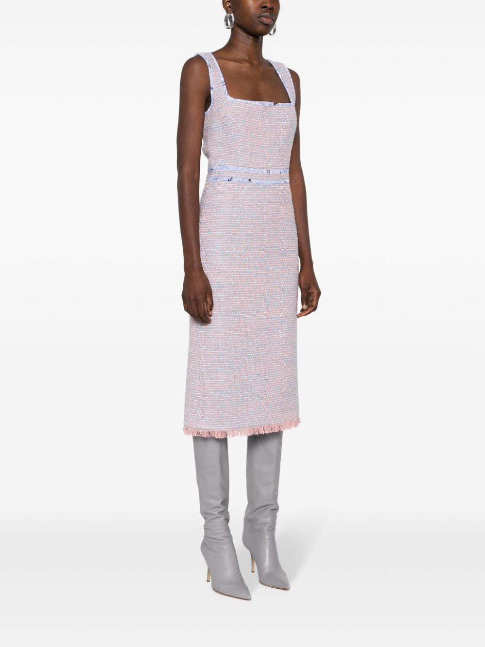 Shop Etro Tweed Fringed Midi Dress In Rosa
