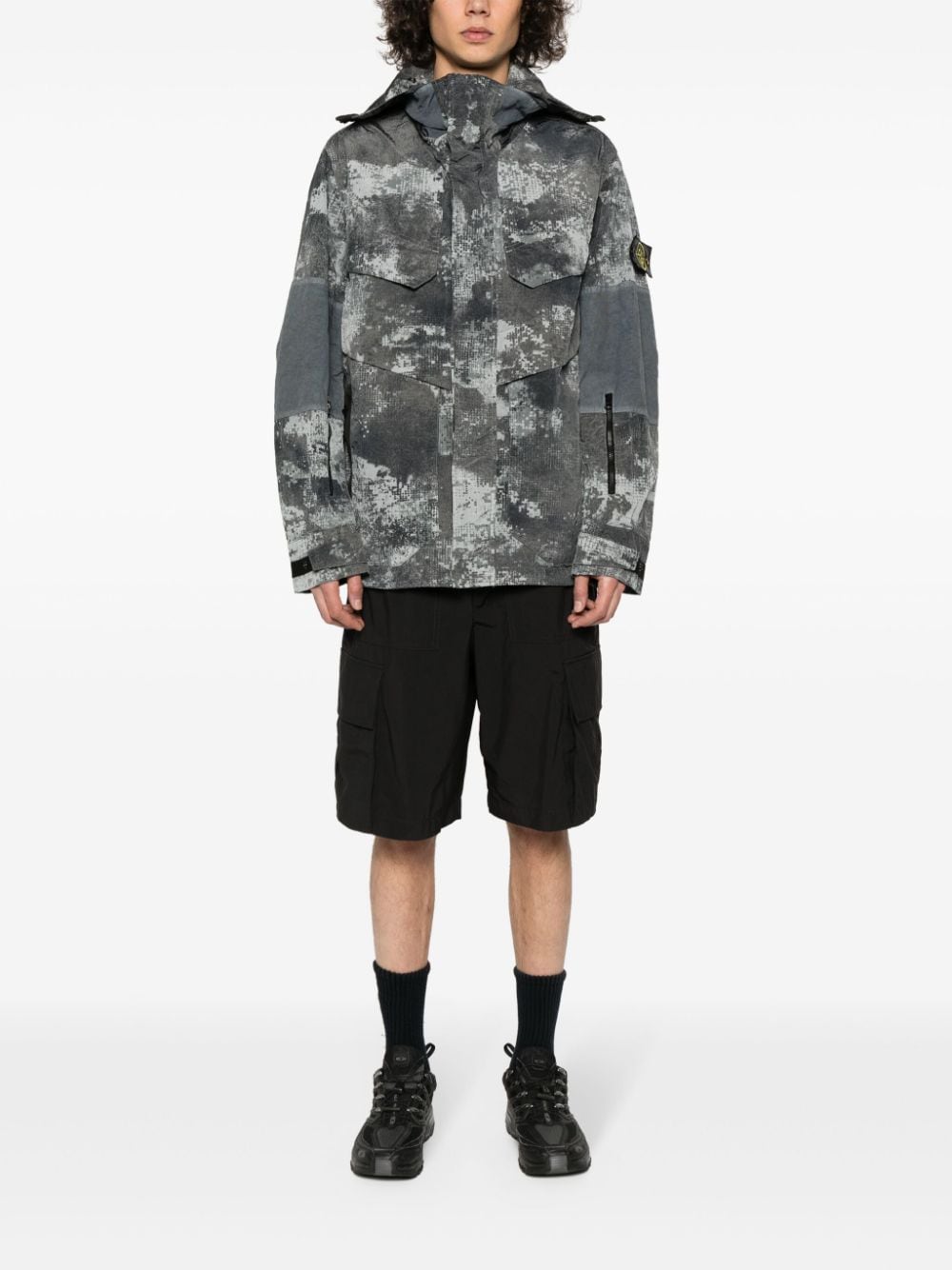 Shop Stone Island Camouflage-pattern Hooded Jacket In Grey