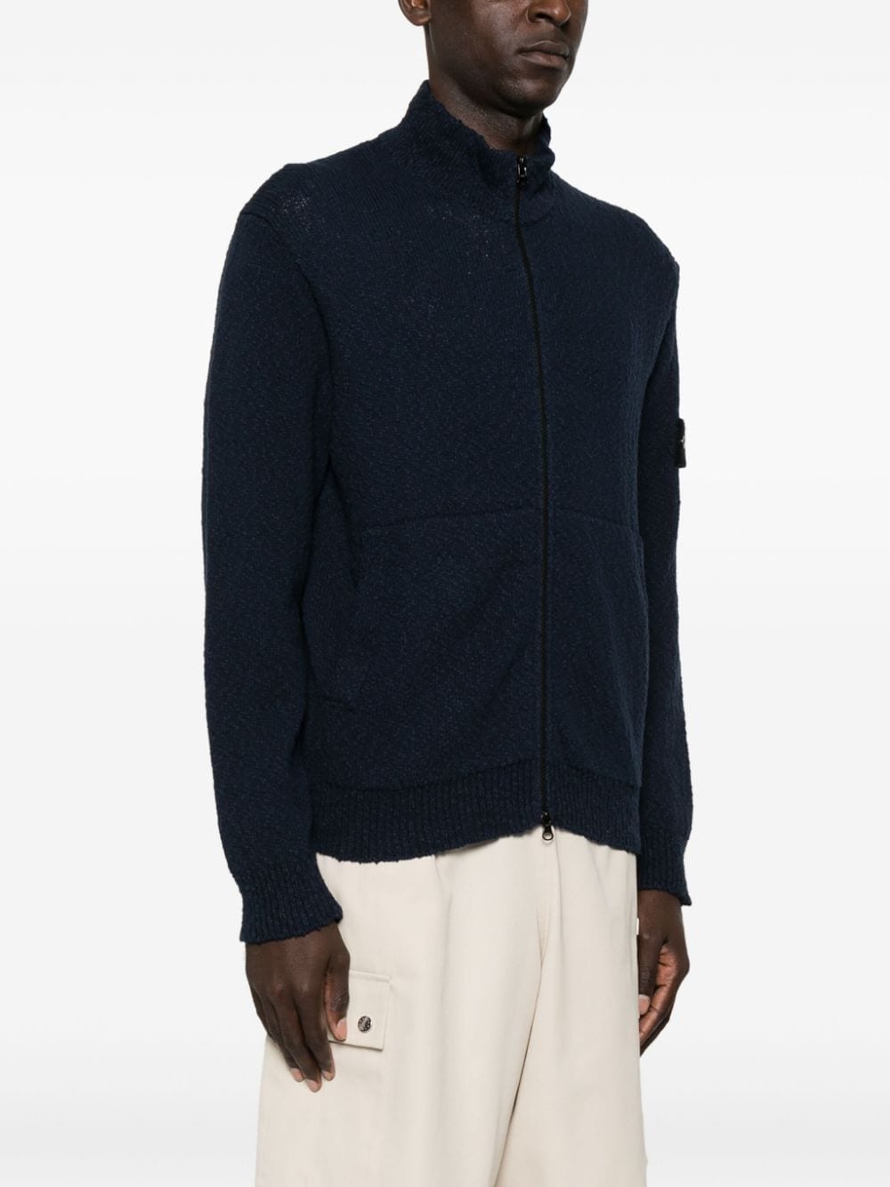 Shop Stone Island Compass-badge Ribbed Cardigan In Blue