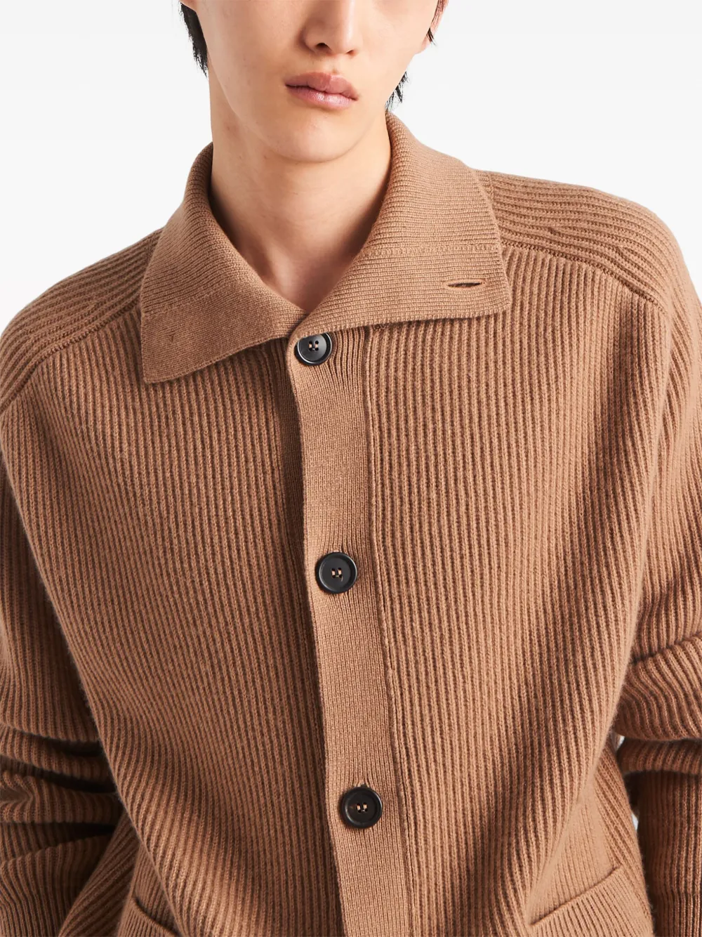 Shop Prada Ribbed-knit Cashmere Cardigan In Brown