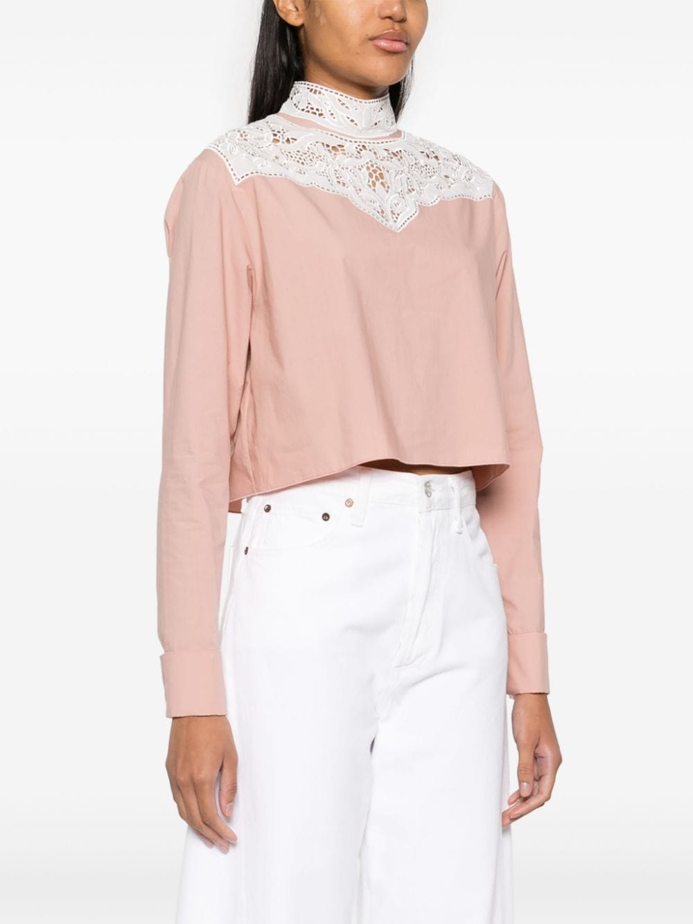 Shop Philosophy Di Lorenzo Serafini Cropped Lace Poplin Blouse In Pink