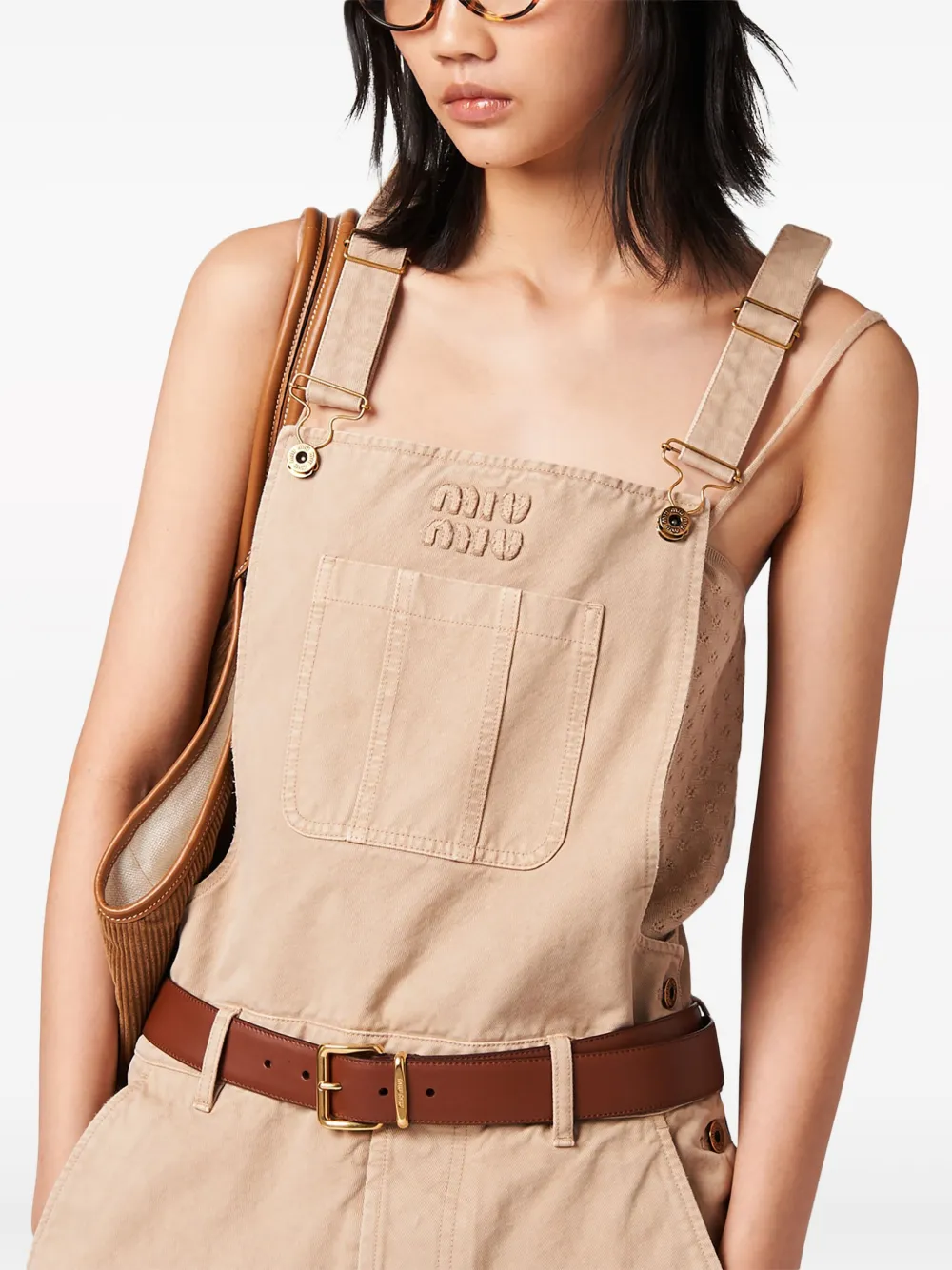 Fake Miu Miu logo-embroidered gabardine dungarees Women