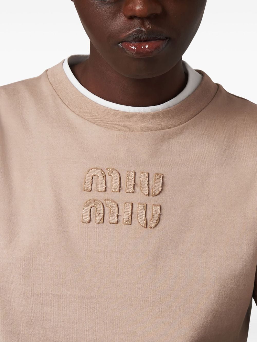 Shop Miu Miu Logo-embroidered Cotton T-shirt In Neutrals