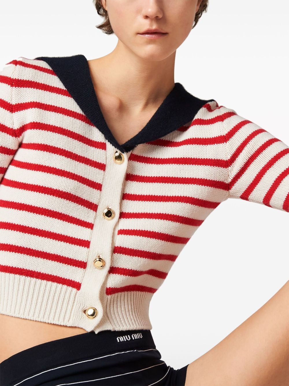 Shop Miu Miu Striped Cashmere Cardigan In Neutrals