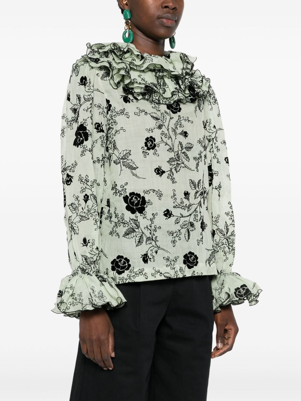 Shop Bode Sweetunia Flocked-floral Blouse In Green