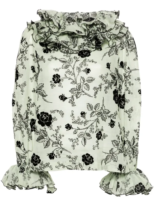 Bode Sweetunia Flocked-floral Blouse in Green