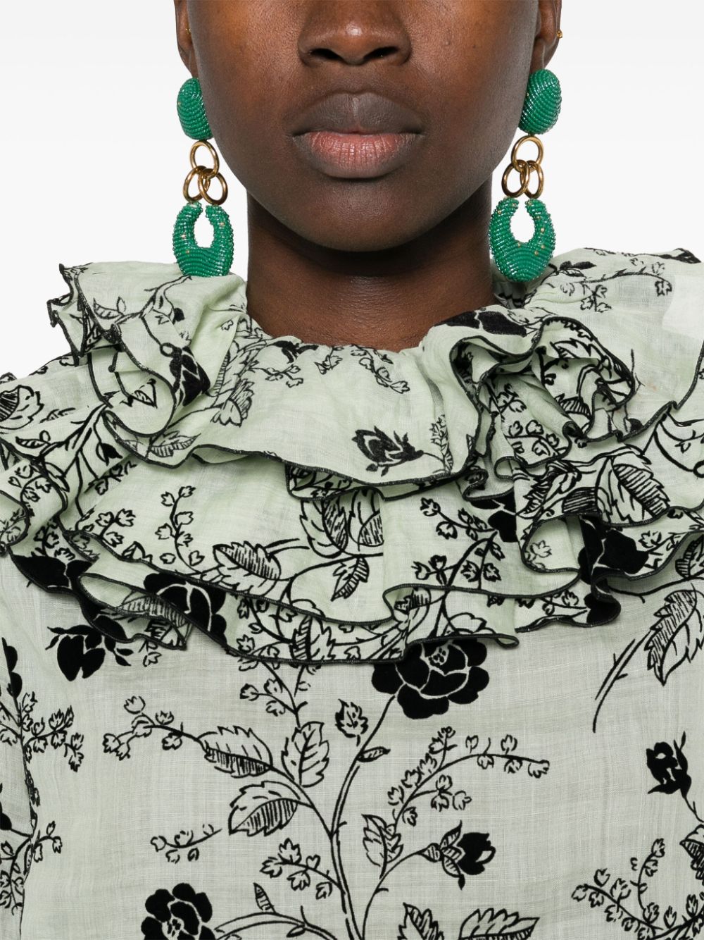 Shop Bode Sweetunia Flocked-floral Blouse In Green