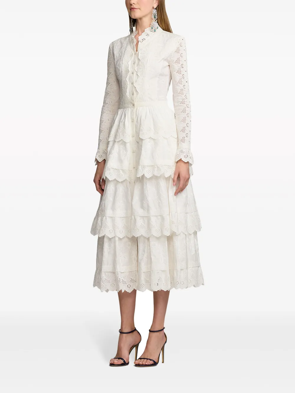 Polo Ralph Lauren Stella Embroidered Poplin Midi Dress In 白色