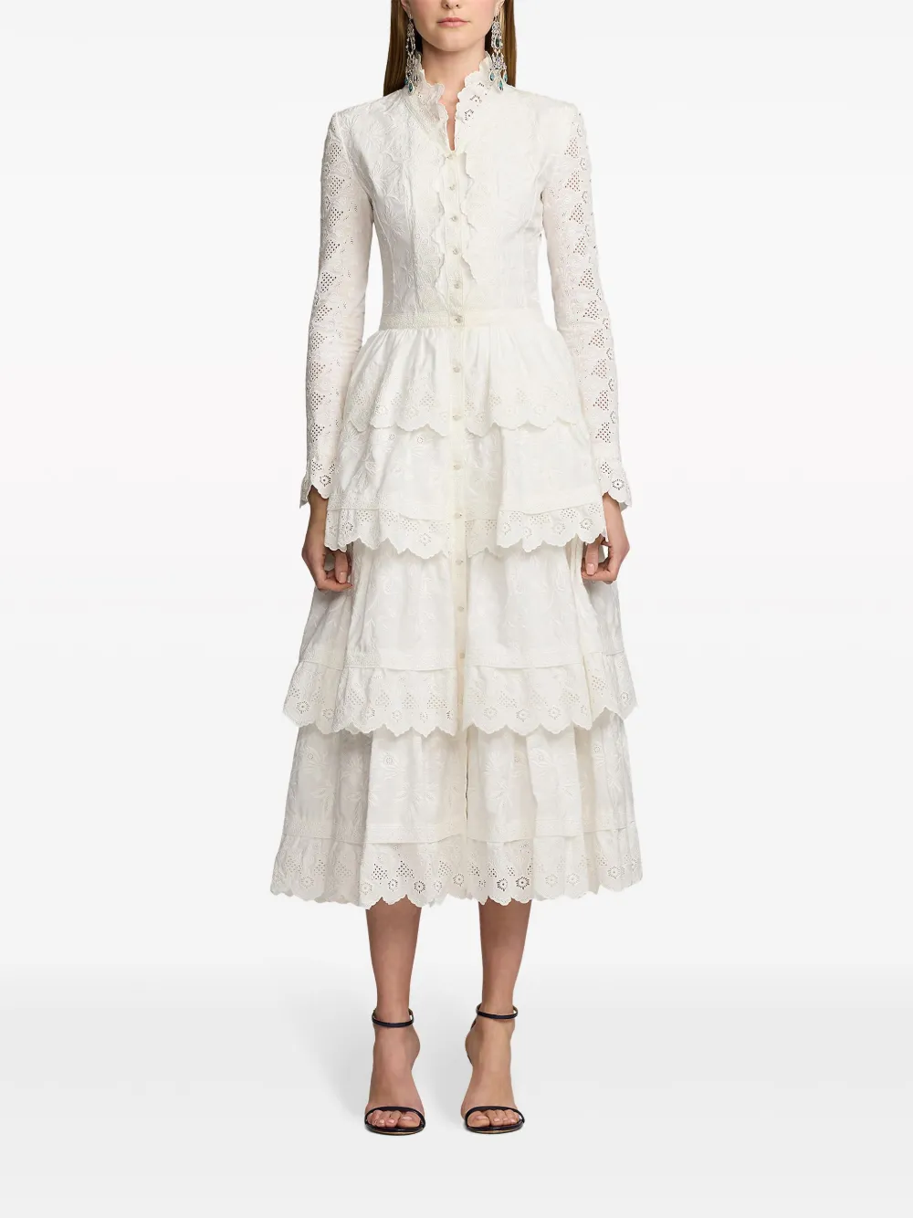 Polo Ralph Lauren Stella Embroidered Poplin Midi Dress In 白色