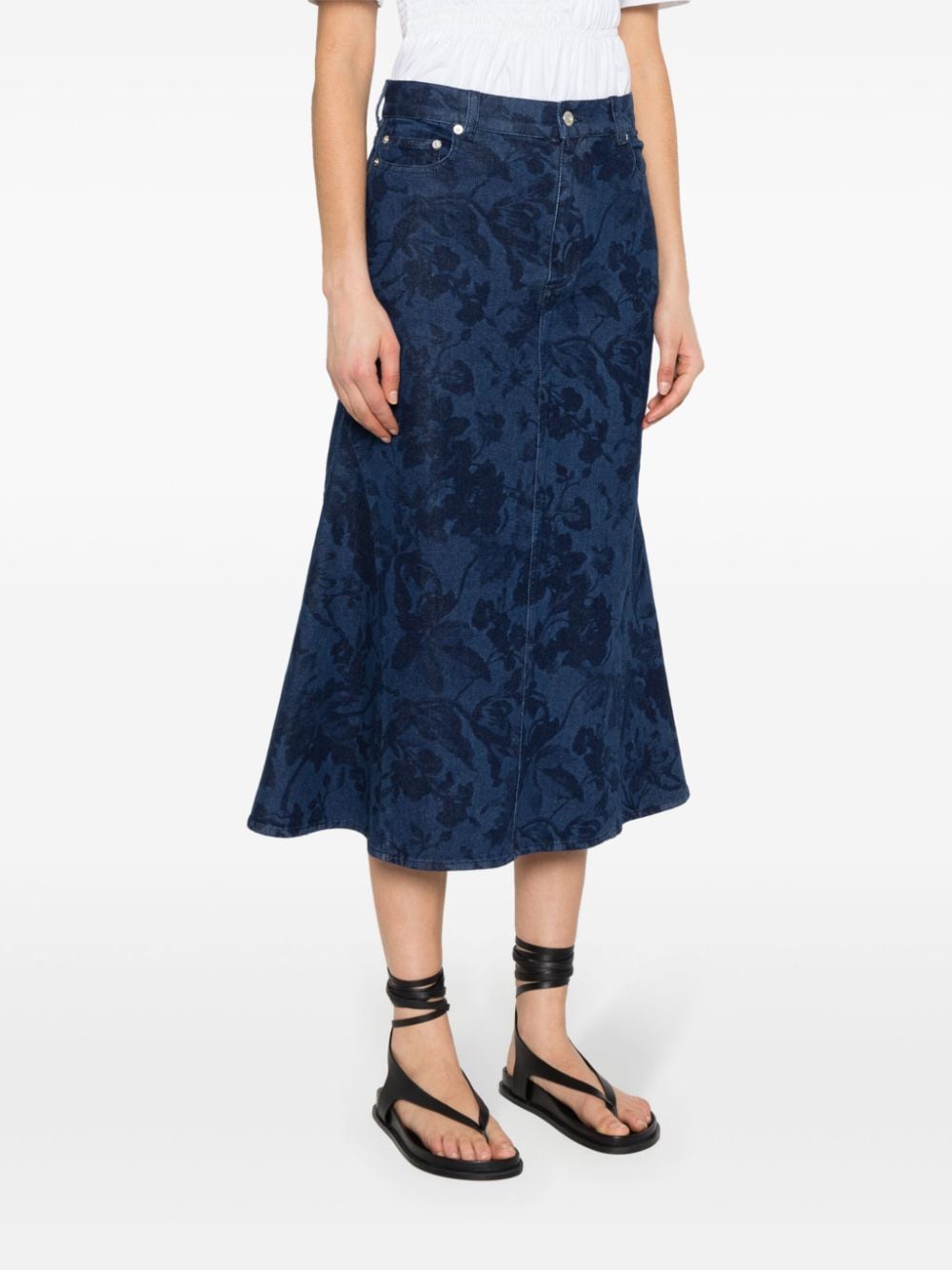 Shop Erdem Floral-print Denim Skirt In Blue