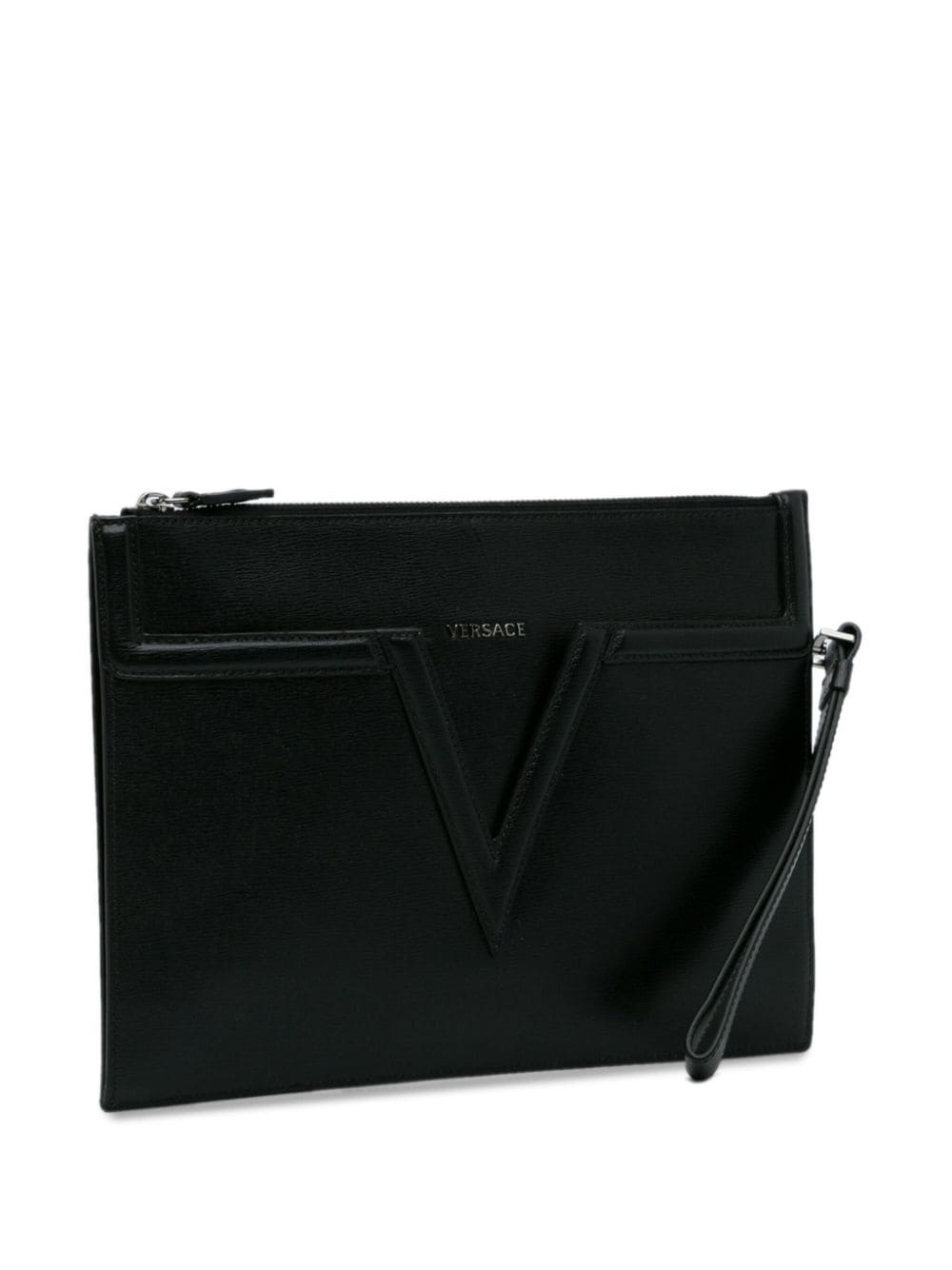 Pre-owned Versace V-motif Leather Clutch In Black