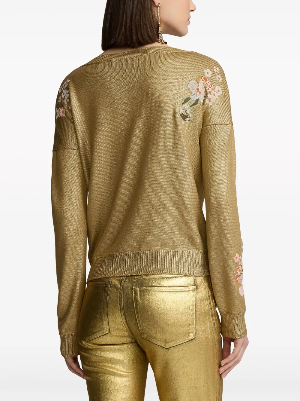 Polo Ralph Lauren Crewneck Floral Embroidered Foiled Silk Pullover In Gold