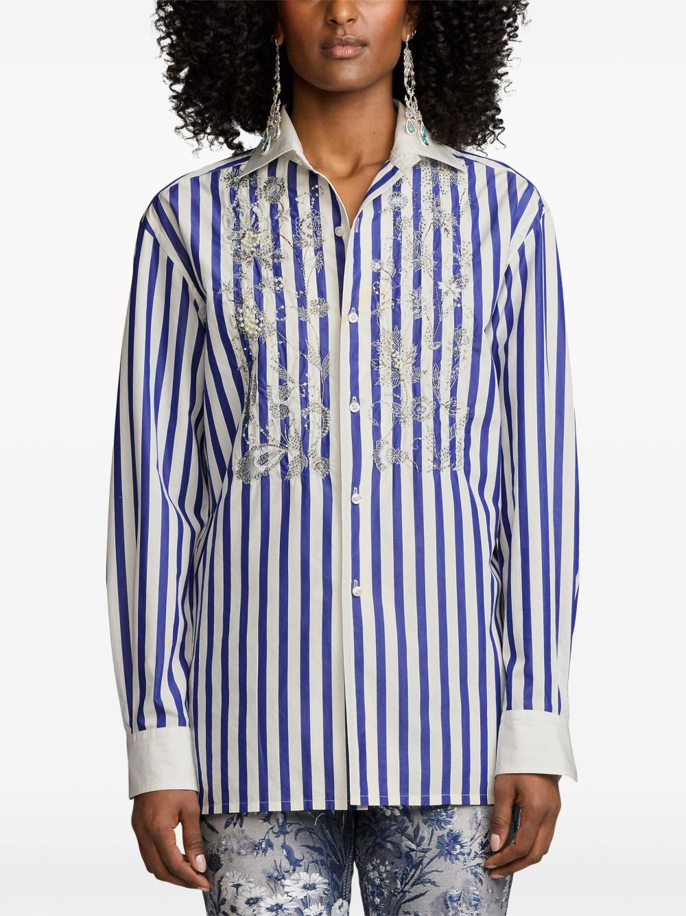 Shop Ralph Lauren Capri Embellished Cotton Shirt In Blue