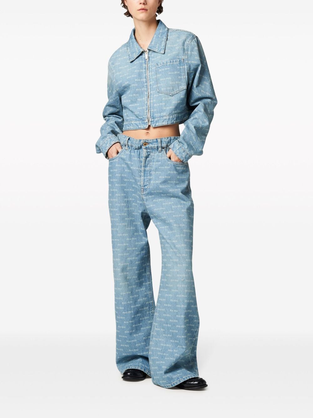 Shop Miu Miu Logo-print Wide-leg Jeans In Blue