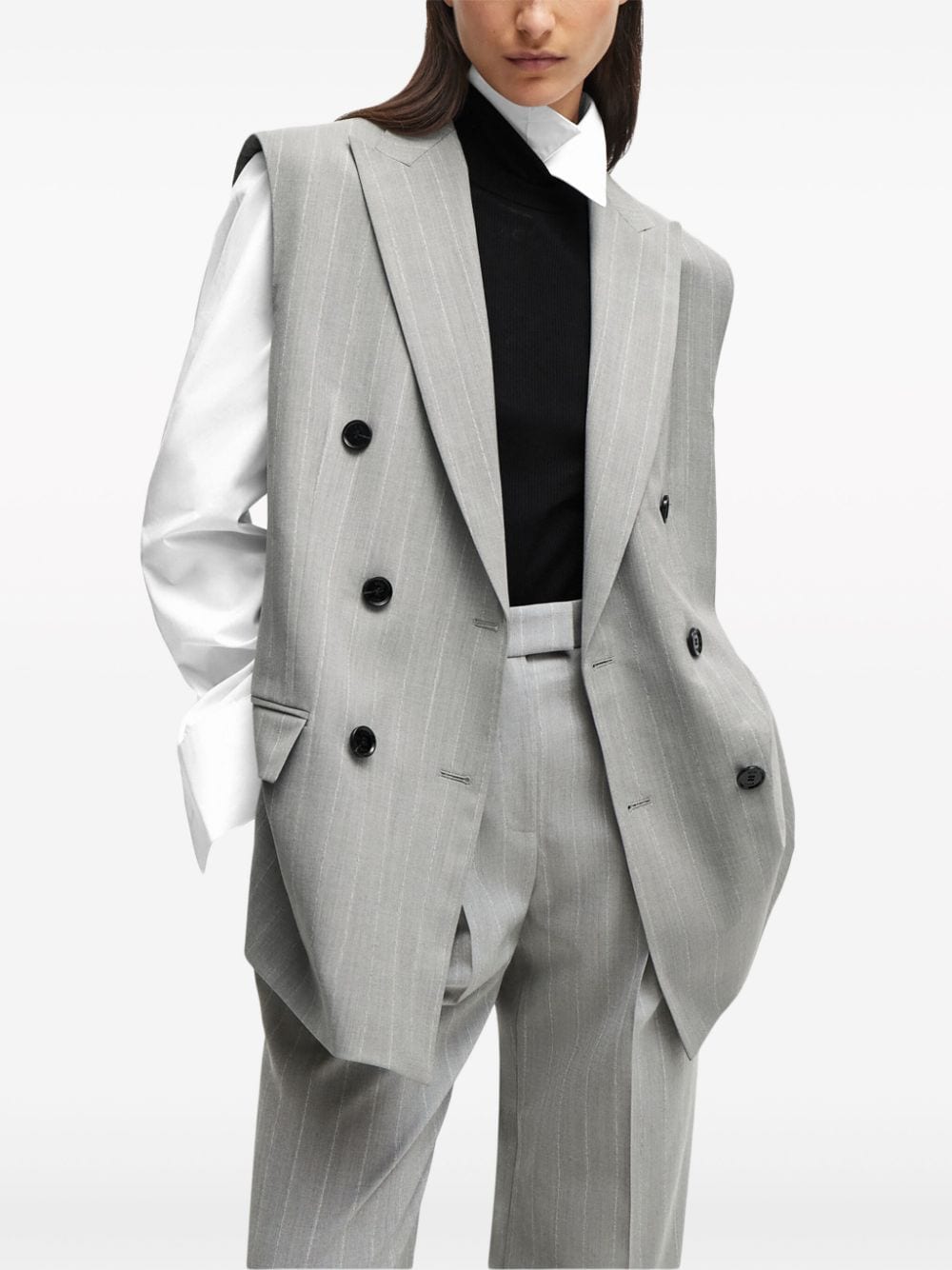 Shop Hugo Boss X Naomi Campbell Pinstriped Virgin Wool Waistcoat In Grey