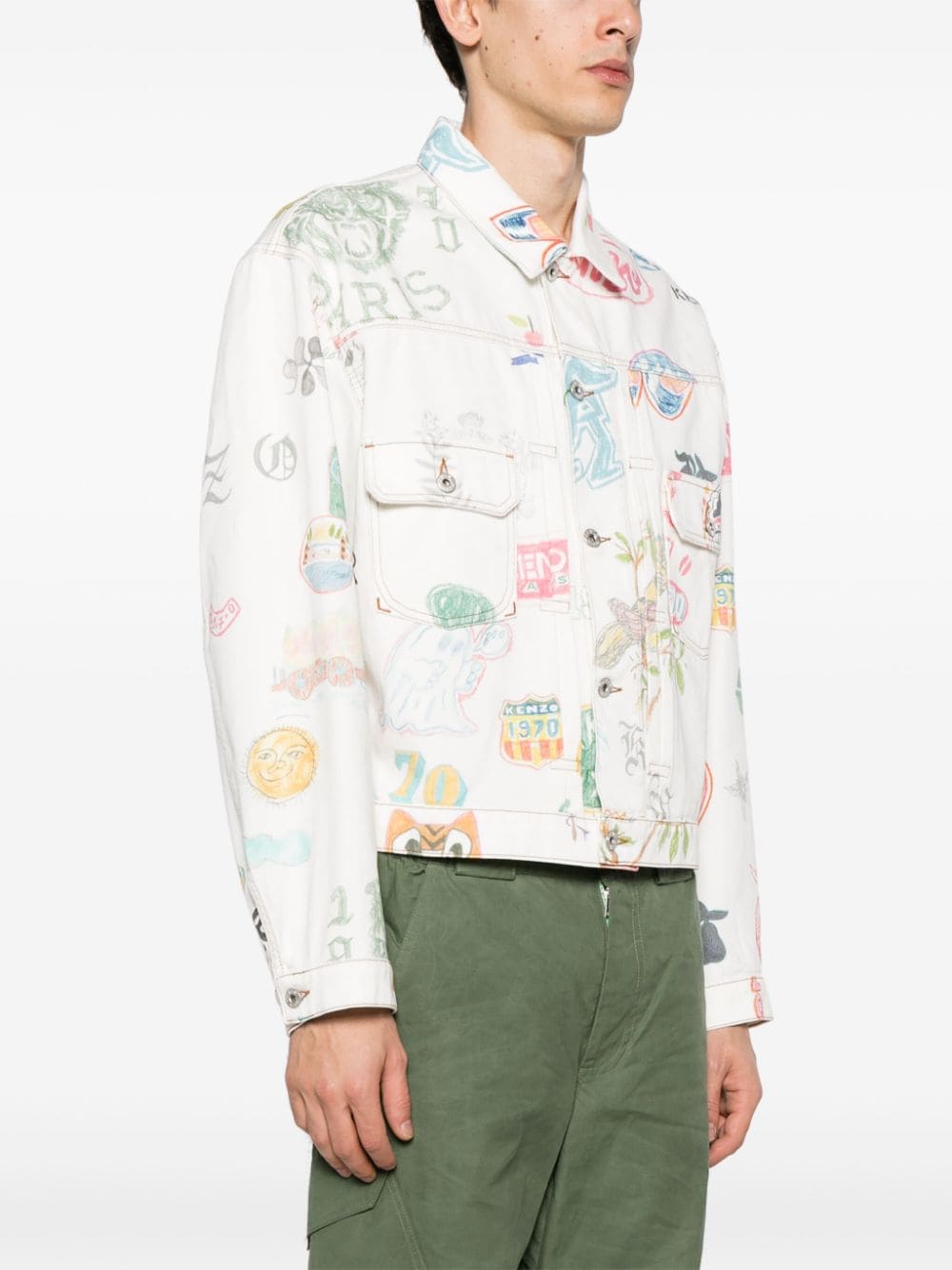 Shop Kenzo Drawn Varsity Denim Jacket In White