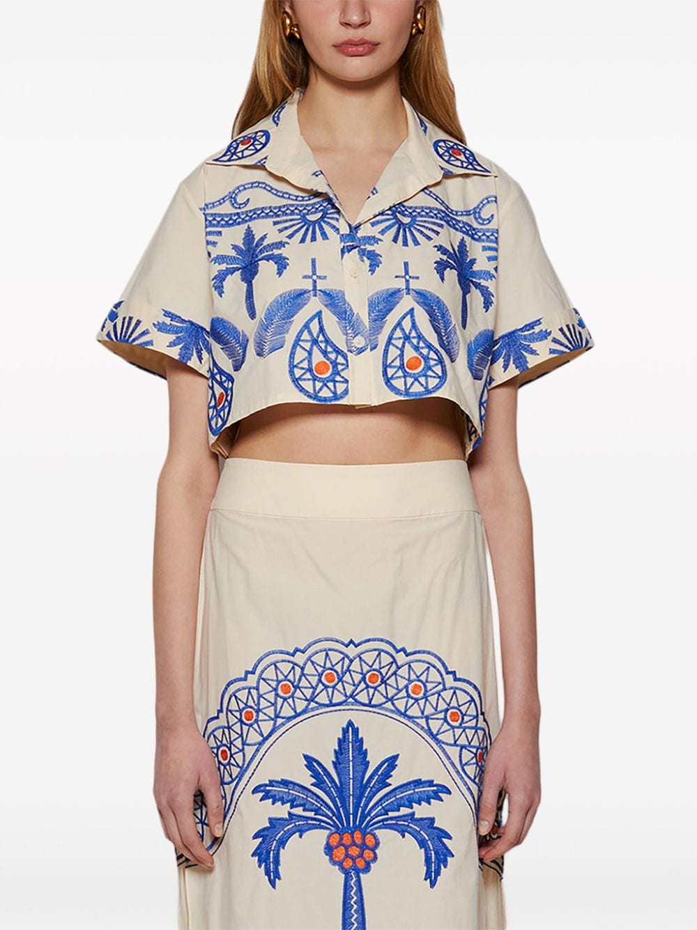 Shop Johanna Ortiz Manyattas Embroidered Cropped Cotton-blend Shirt In Neutrals