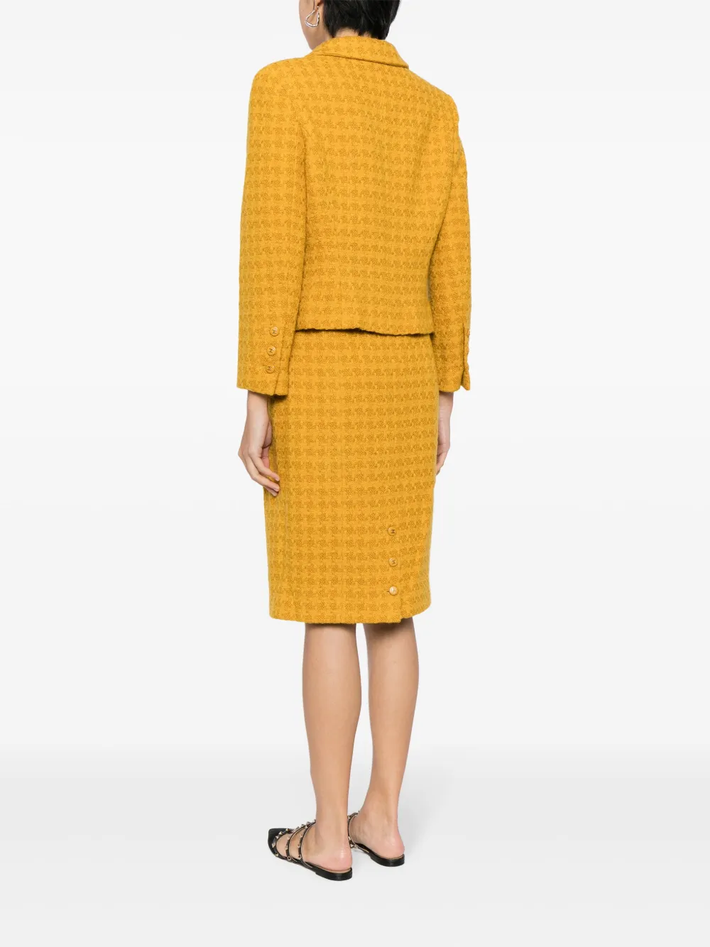Pre-owned Chanel 1995 Houndstooth Tweed Skirt Suit In Yellow