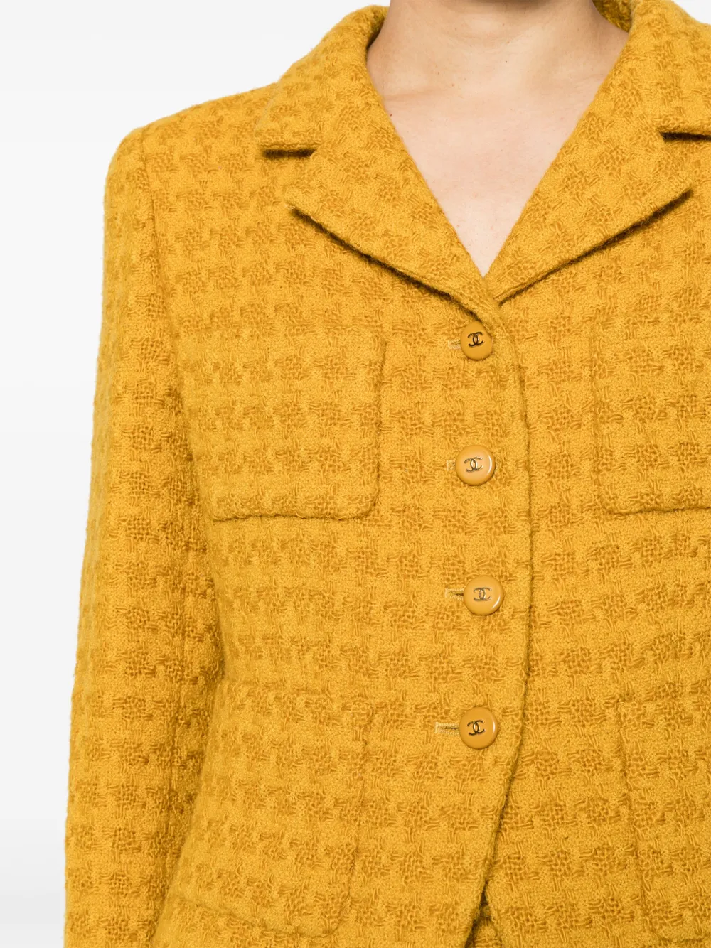 Pre-owned Chanel 1995 Houndstooth Tweed Skirt Suit In Yellow