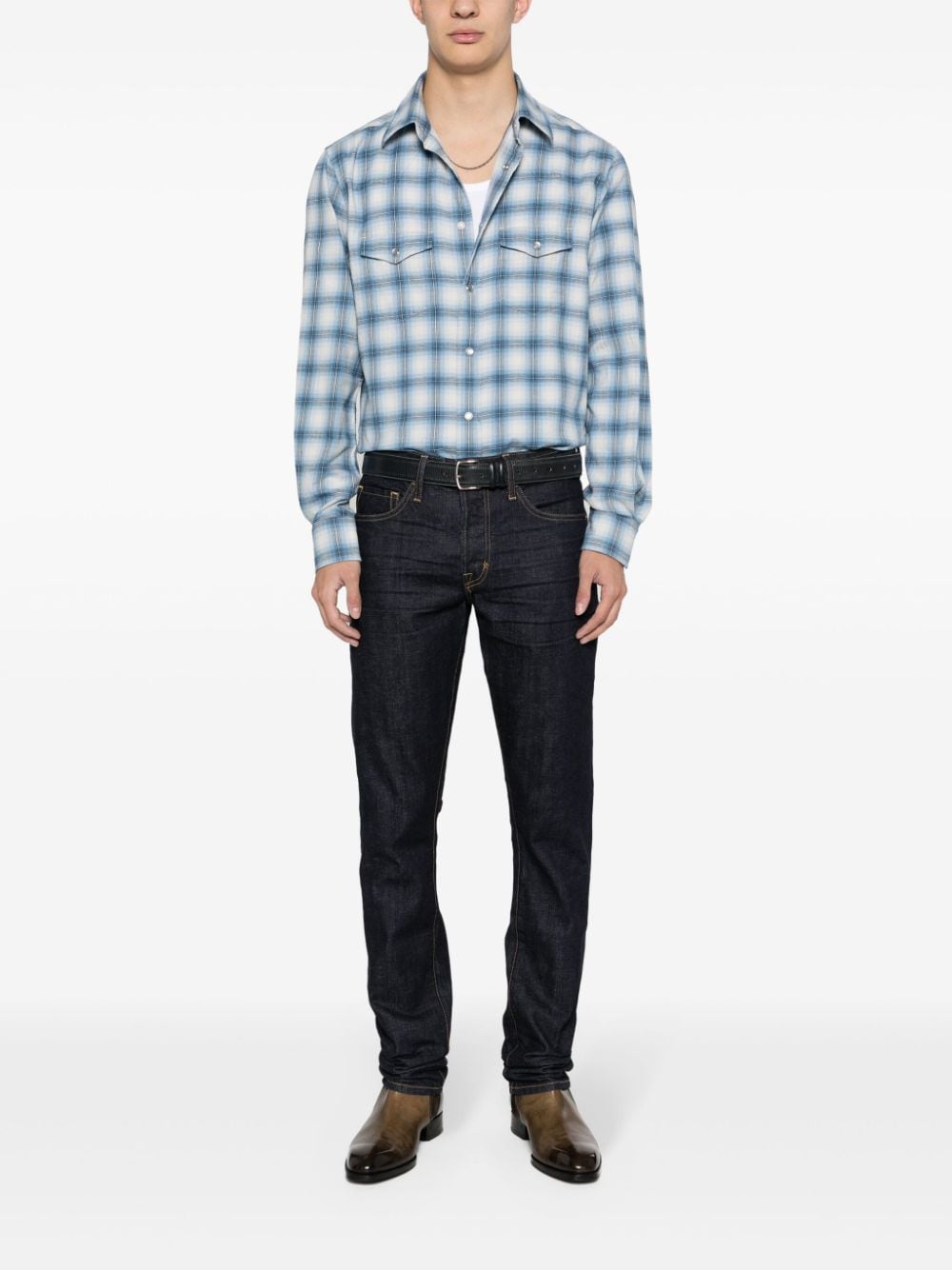 Shop Tom Ford Checked Flannel Shirt In Blue