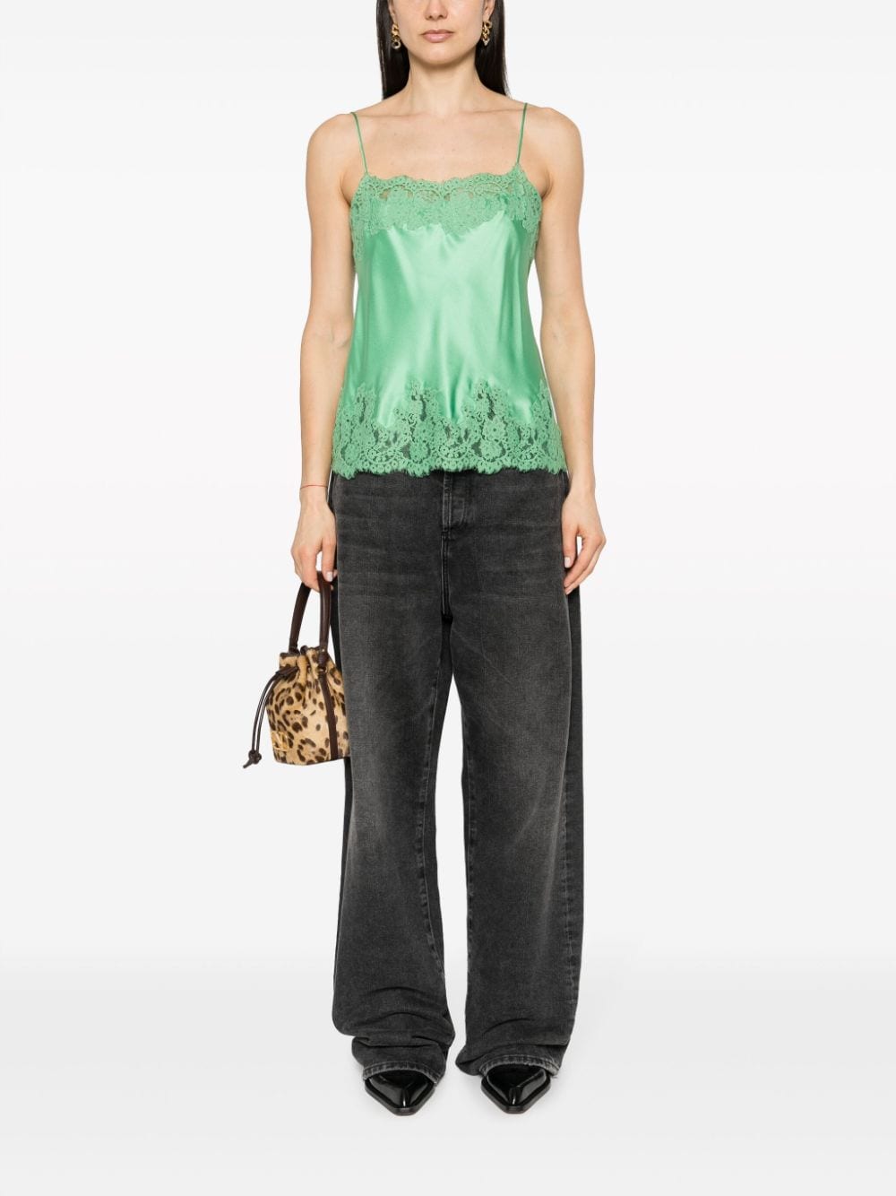 Shop Ermanno Scervino Lace-detail Satin Top In Green