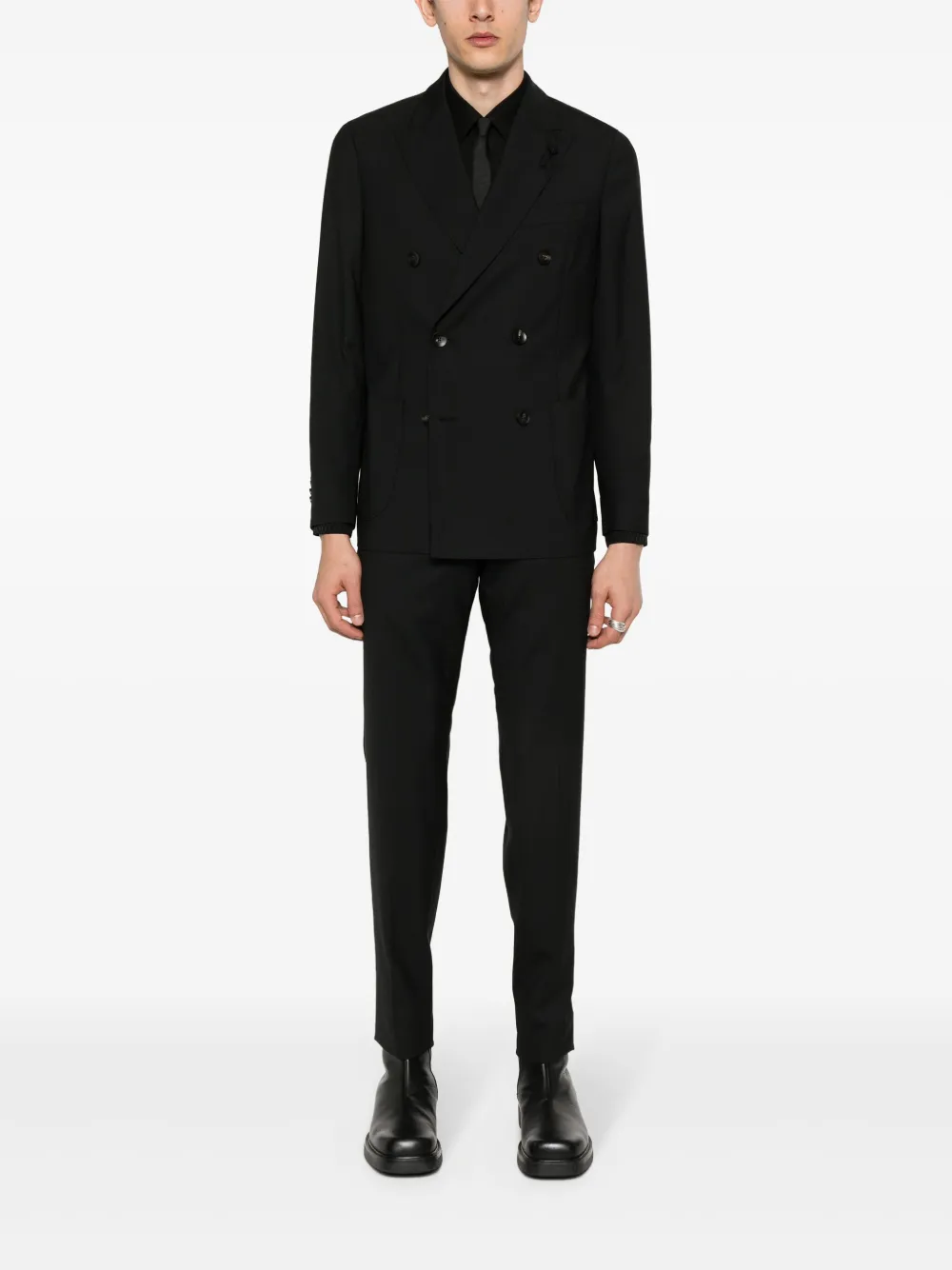 Shop Lardini Brooch-detail Double-breasted Suit In Black