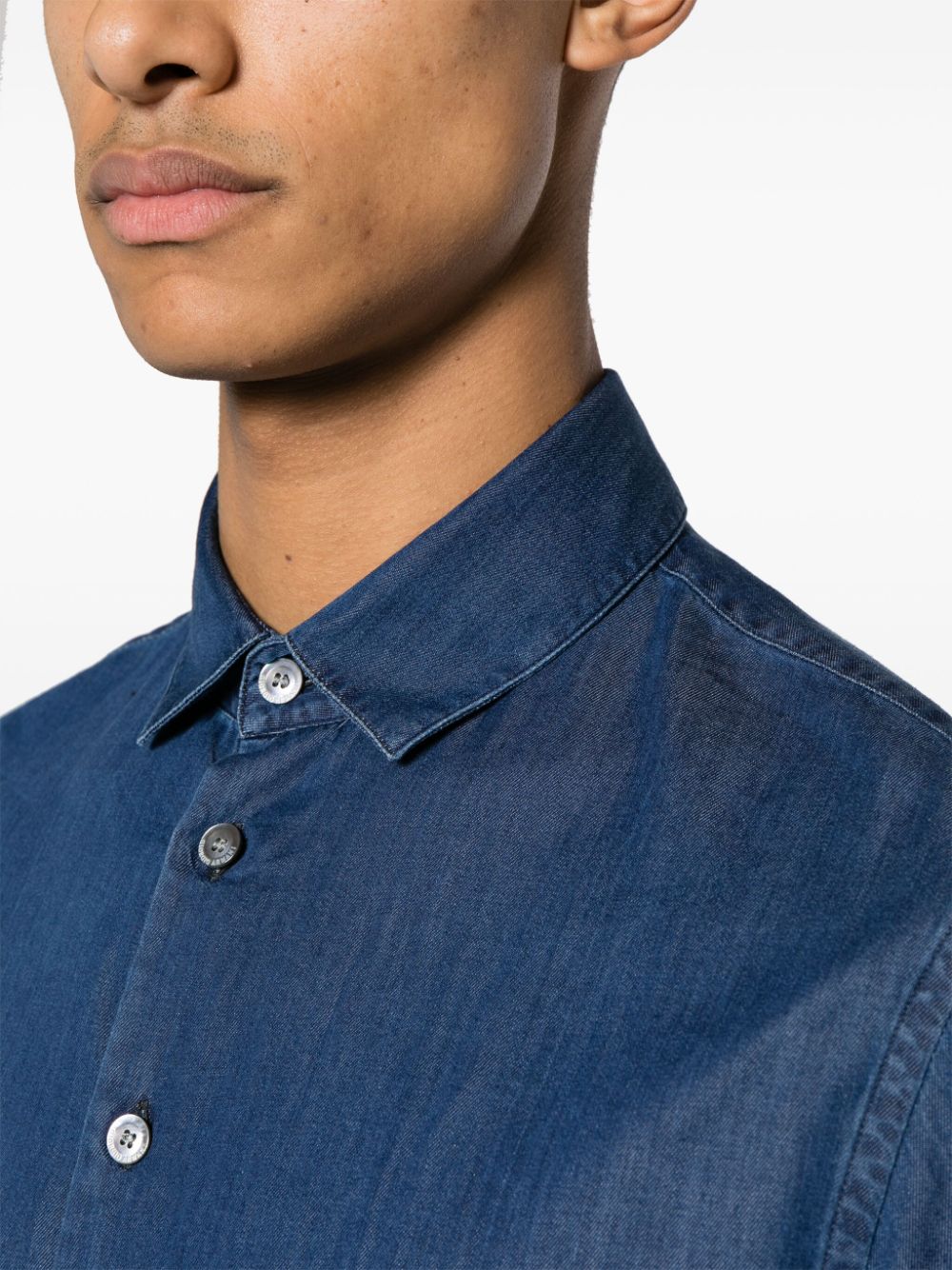 Shop Giorgio Armani Long-sleeve Cotton Denim Shirt In Blue