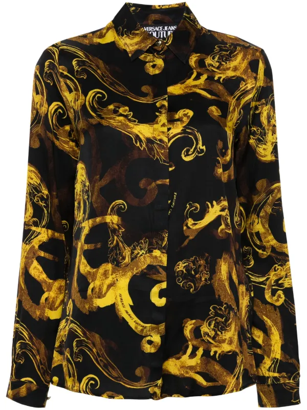 P VERSACE JEANS COUTURE シルク　シャツ Versace Jeans Couture Watercolour Couture-print Shirt | Black