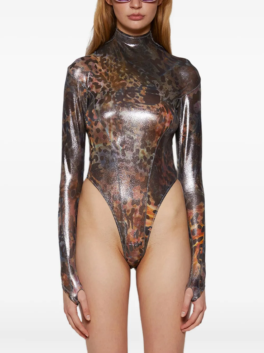 Mugler Printed High-neck Bodysuit In Black