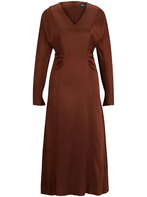 Hugo Boss■BOSS Womenswear■サテンVネックドレス BOSS Vネック サテンドレス | ブラウン | FARFETCH JP