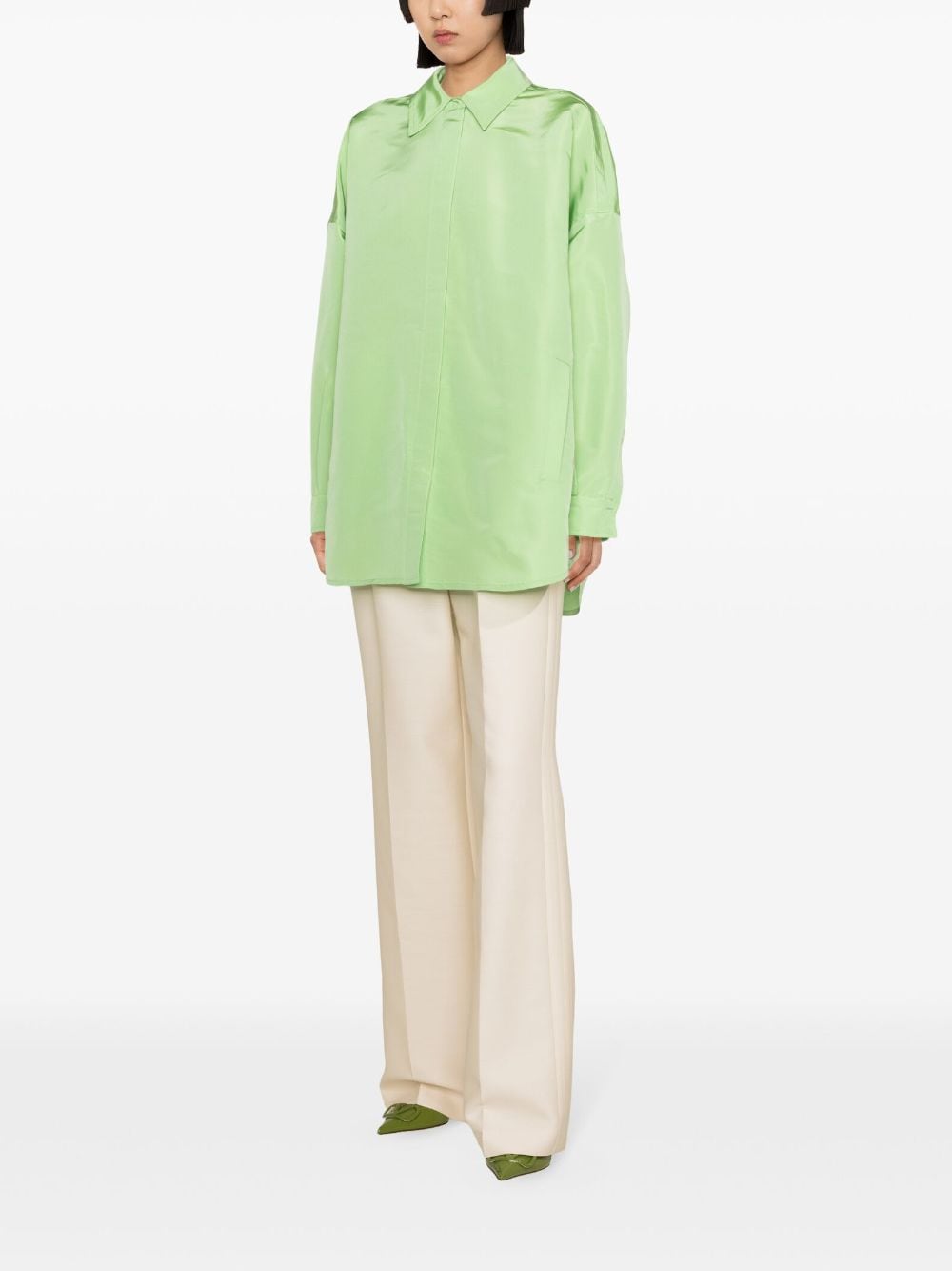 Shop Valentino Long-sleeve Silk Overshirt In Green