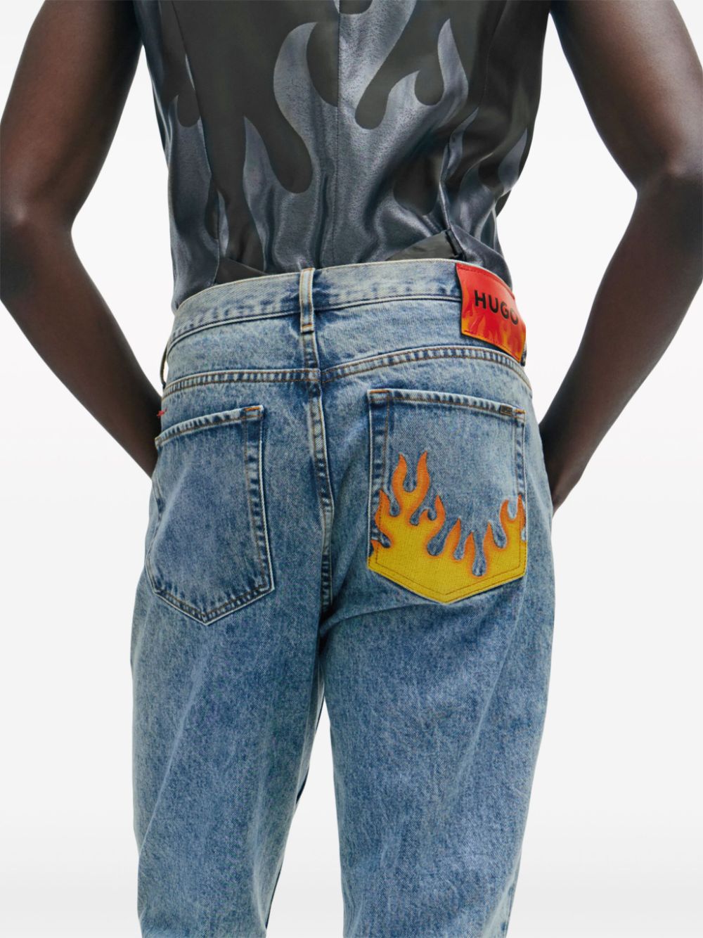 Shop Hugo Flame-embroidered Tapered Jeans In Blue