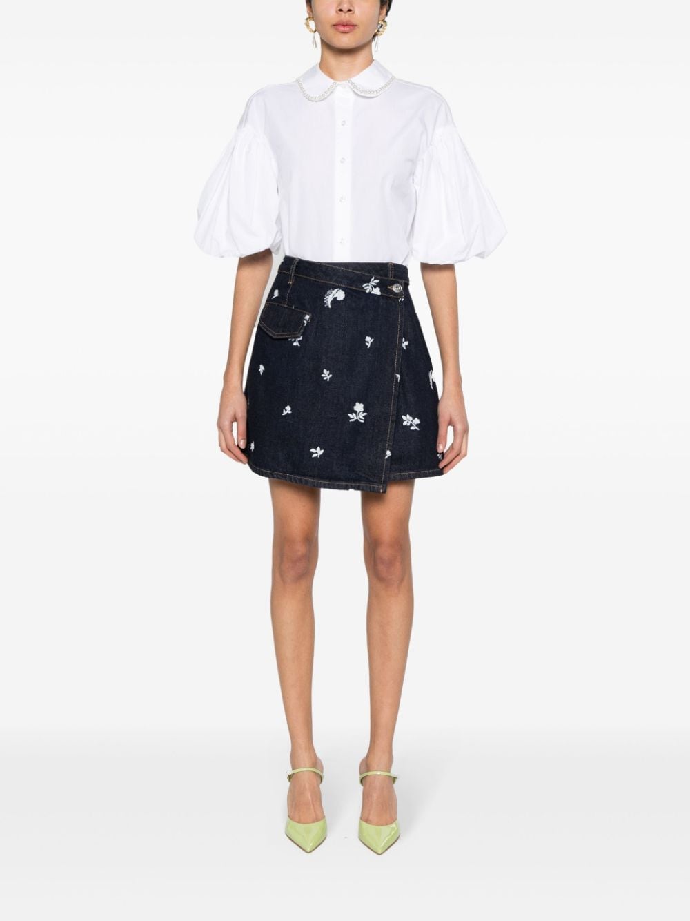 Shop Lanvin Floral-embroidered Denim Skirt In Blue