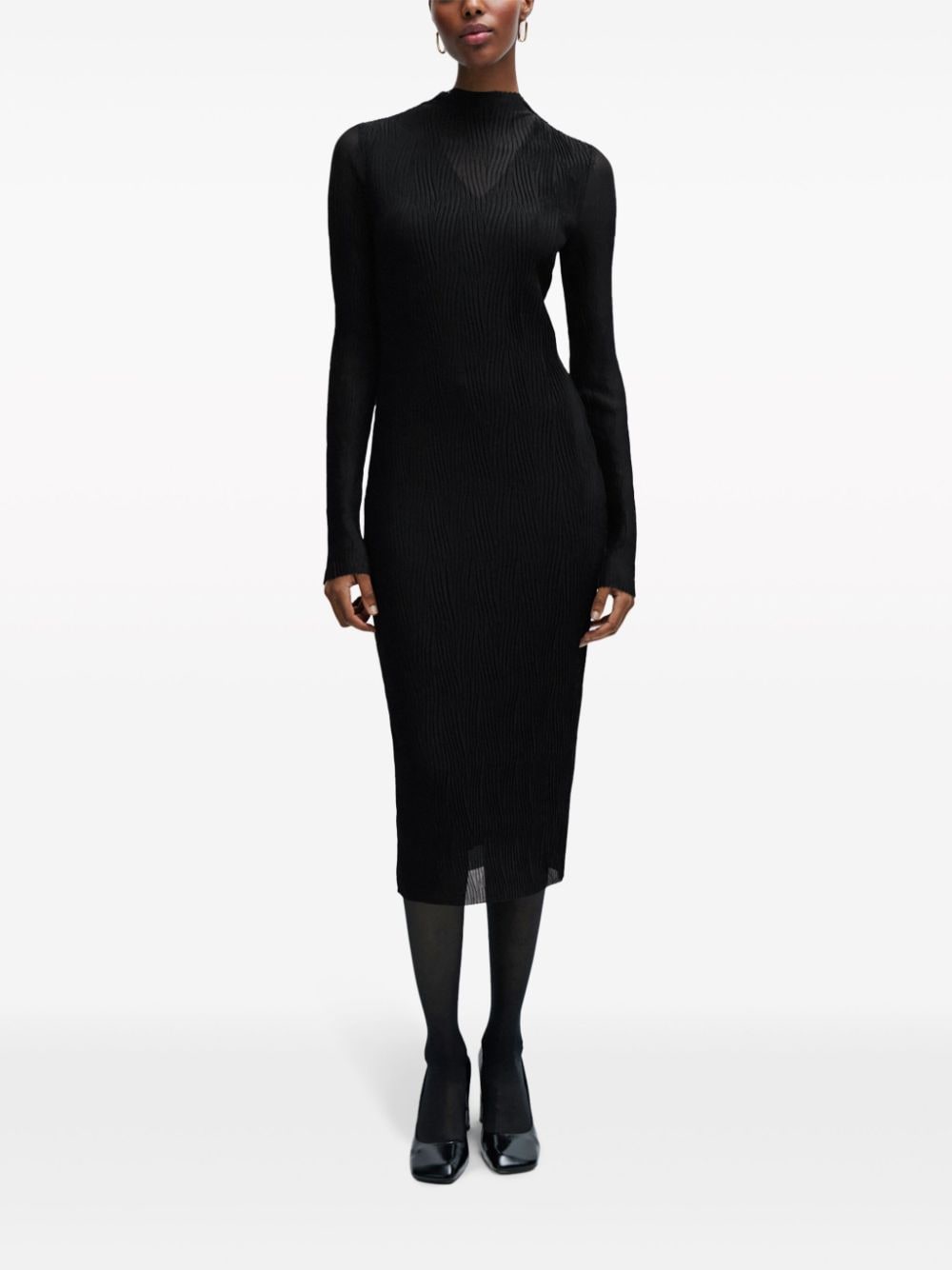 Shop Hugo Boss Mock-neck Plissé Midi Dress In Black