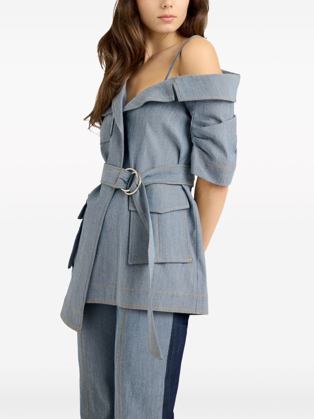 Shop Cinq À Sept Katie Asymmetric-neck Belted Denim Jacket In Blue