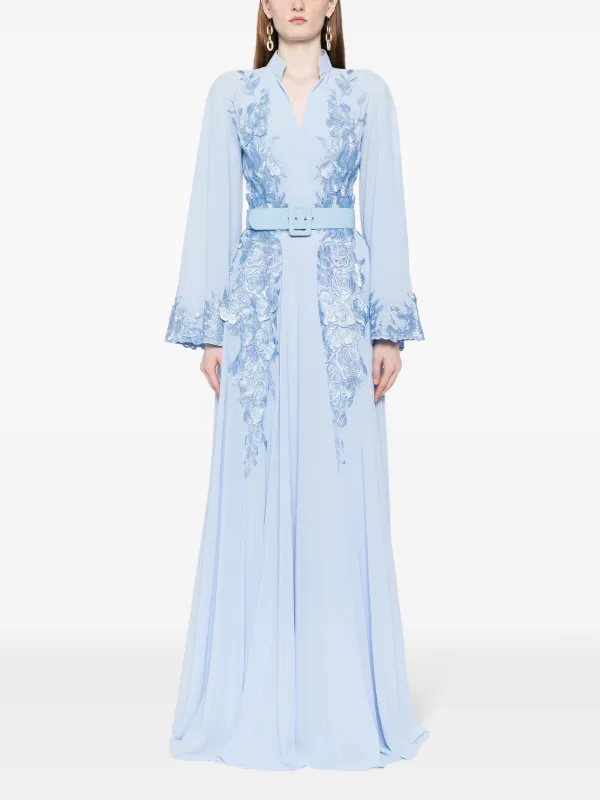 embroidered belted kaftan dress Kaftan Dress - Resort & Formal Wear - 2-Piece White Geometric Embroidery Belted - Sheer Chiffon - US 10 main image 1