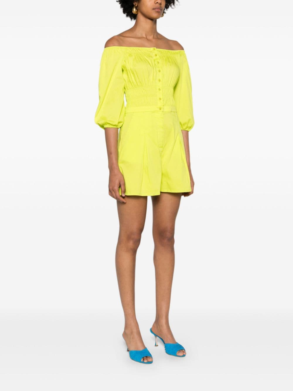 Shop Patrizia Pepe Smocked-panel Poplin Playsuit In Yellow