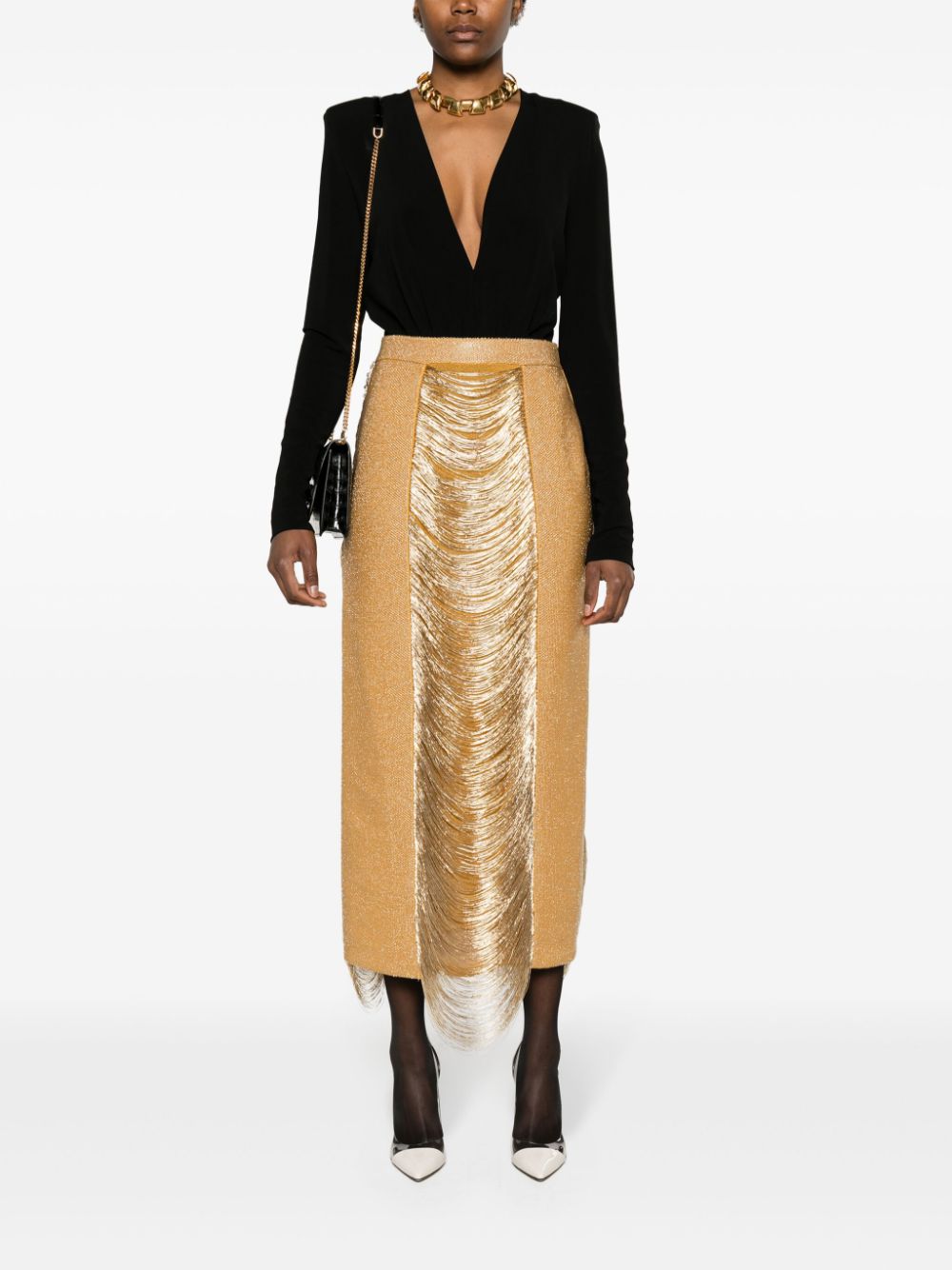 Shop Alexander Mcqueen Fringed Pencil Skirt In Gold