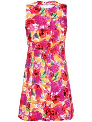 knee length dresses for ladies 1990 Chanel Black & White Print Silk Off-Shoulder Babydoll Mini Dress