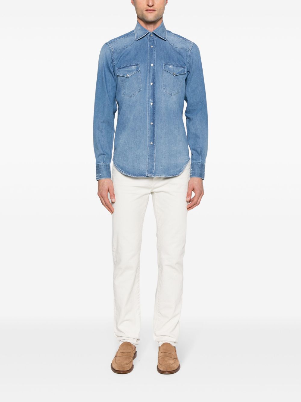 Shop Sartorio Napoli Ripped-detailed Panelled Denim Shirt In Blue
