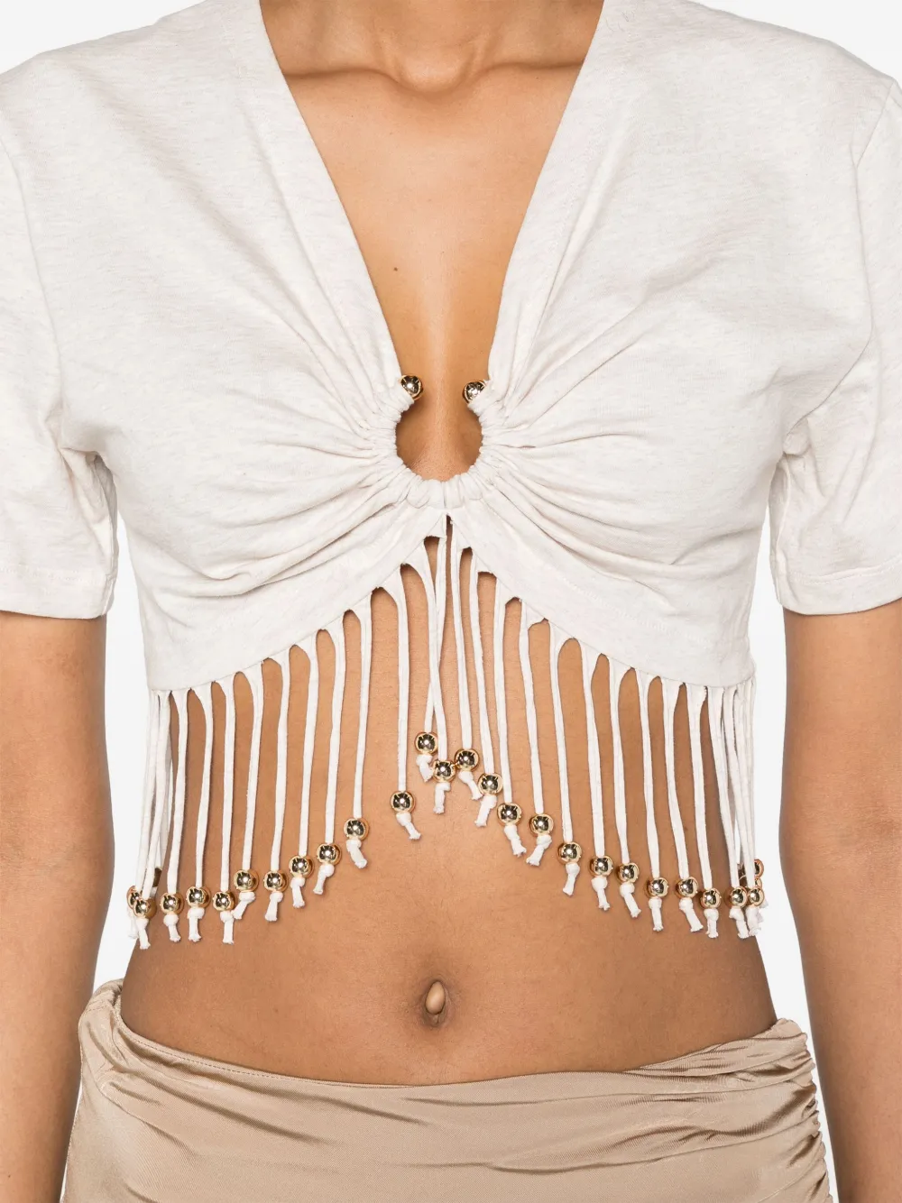 Shop Rabanne Fringed Cotton Crop Top In Neutrals