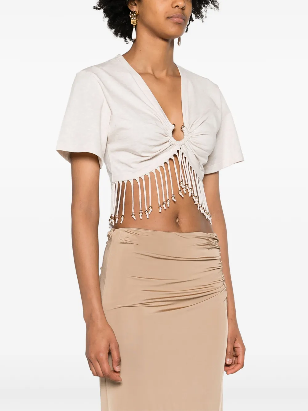 Shop Rabanne Fringed Cotton Crop Top In Neutrals