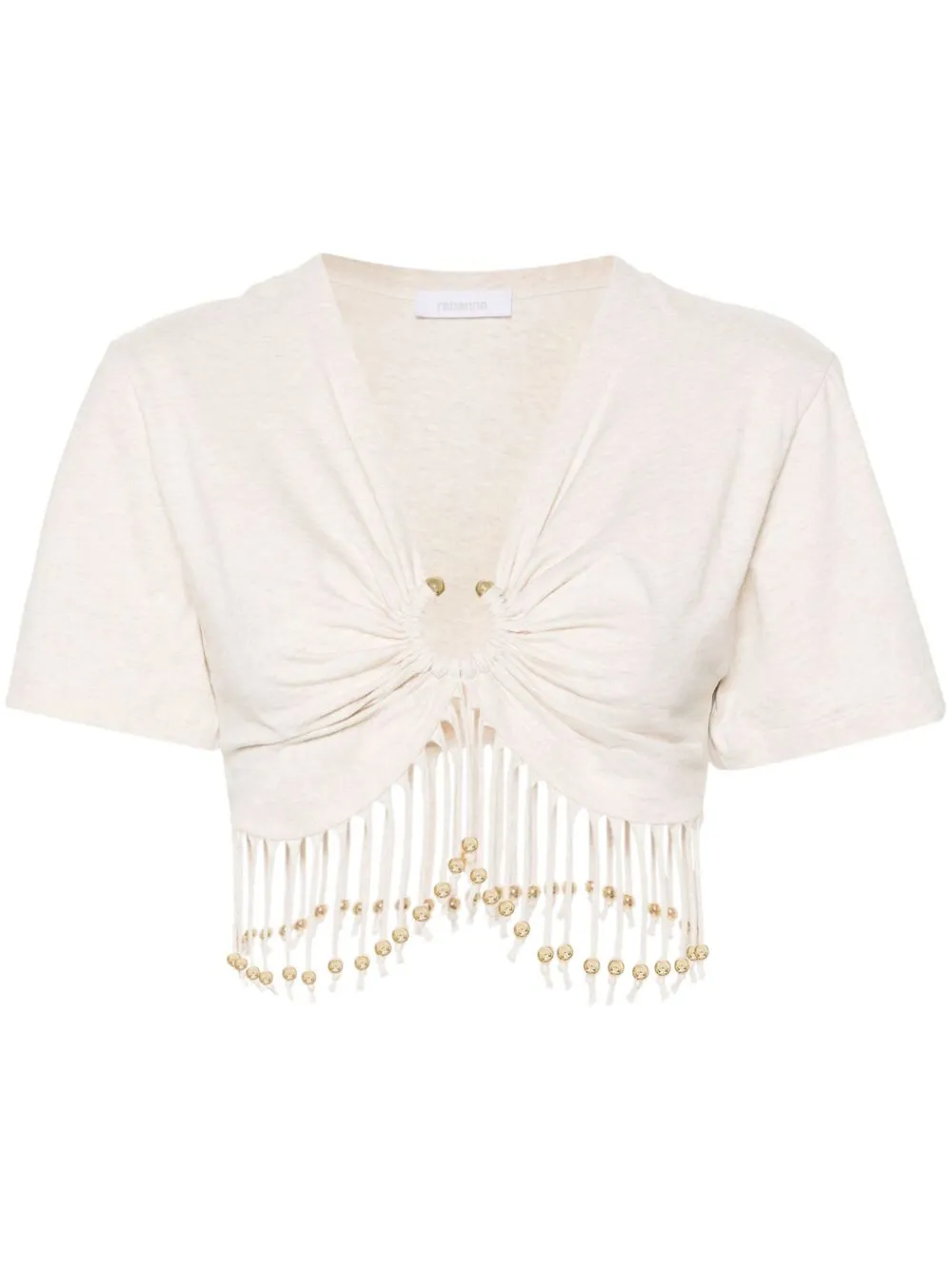 Rabanne Cropped Fringed Embellished Cotton-jersey T-shirt In Neutrals