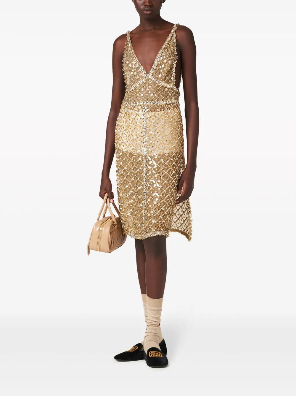 Miu Miu Bead embellished Organza Midi Dress Gold FARFETCH UK